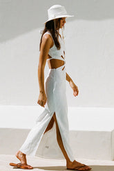 White Cutout Hollow Out Tied Up Sleeveless High Neck Slit Slim Maxi Dresses